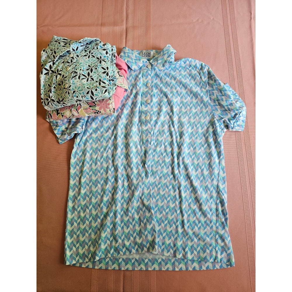 Leon Levin Womens Polo Shirt Bundle Lot of 4 Floral Chevron Pink Size Small